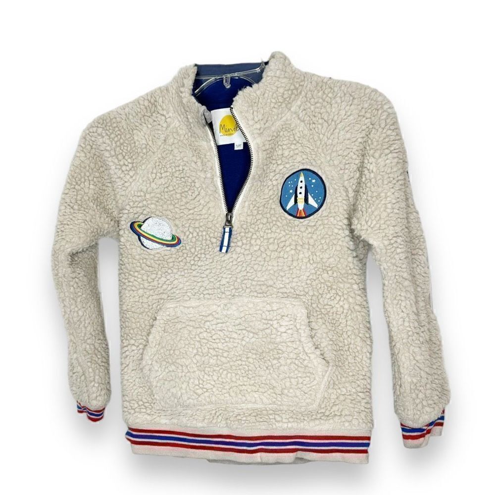 Mini Boden Ivory Space Race Embroidered Sherpa Half Zip Pullover Jacket 9-10 Yrs